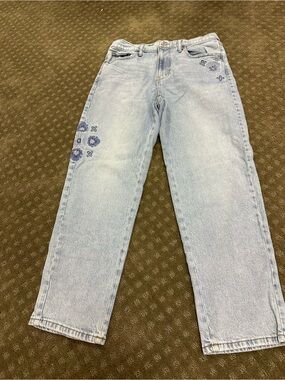 Lucky Brand Light Blue Straight Leg Jeans with Blue Floral Embroidery